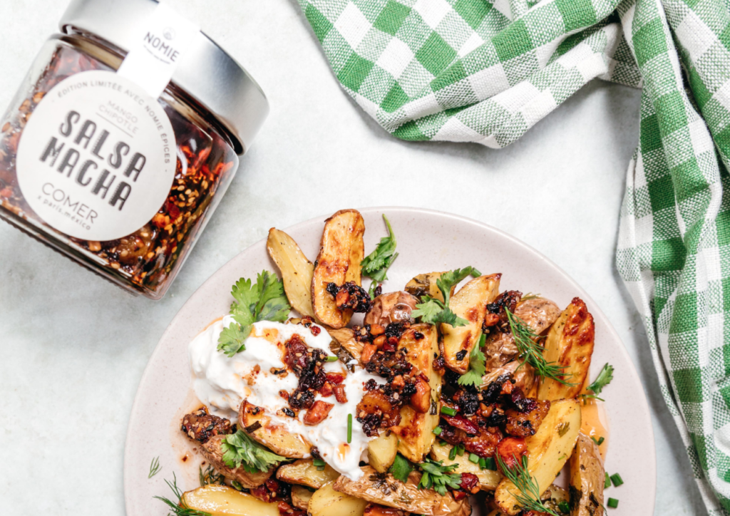 Pommes de terre grenailles rôties, herbes fraiches et stracciatella - París.México x Nomie®